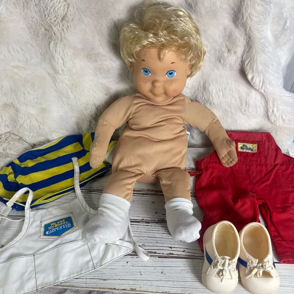 CLEANED Original 1986 Playskool My Buddy Doll Blonde Hair Shoes Carpenter Apron‎